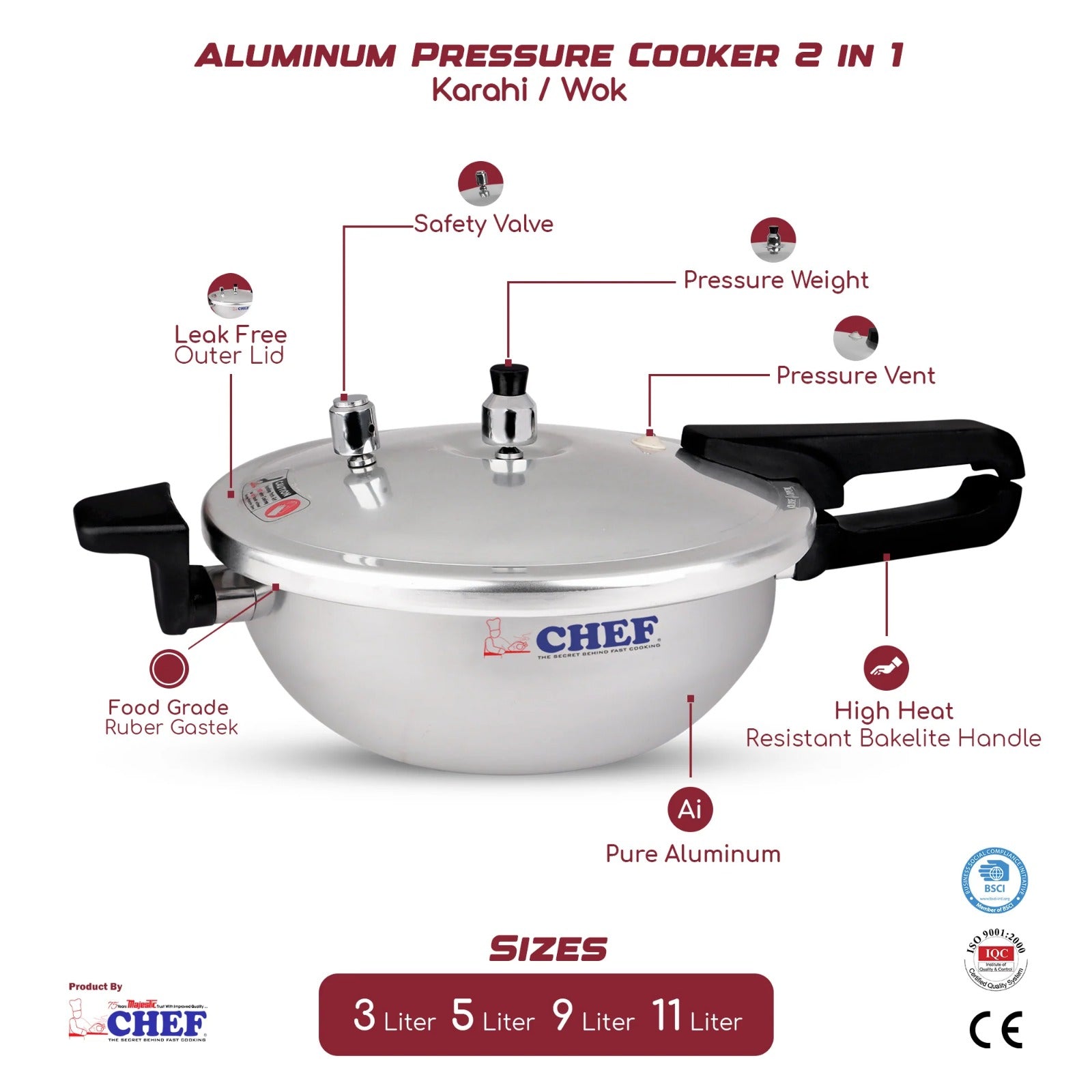 CHEF Anodized Pressure Cooker Karahi with Glass Lid 3-in-1 | Premium Aluminium Cookware